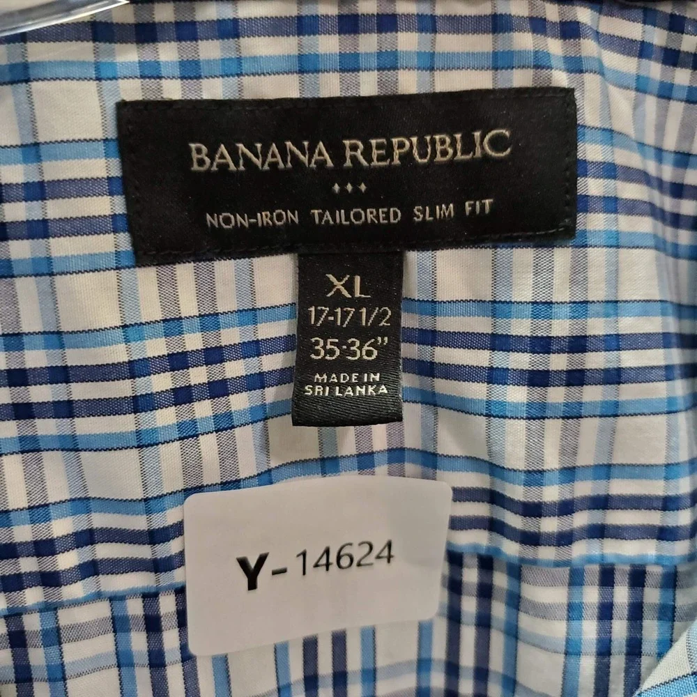 Banana‎ Republic Men Button Up Shirt XL Blue Plaid Long Sleeve Tailored Slim Fit